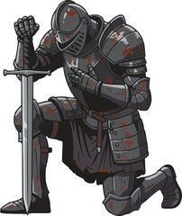 Loyal medieval knight kneeling with sword in armor