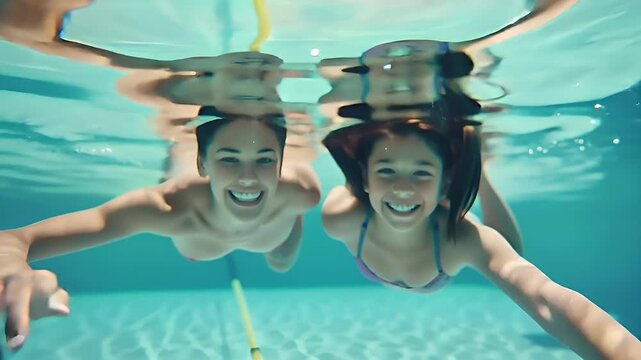 Aerial view of two young girls swimming underwater, capturing a moment of joy and relaxation. The scene is set in a clear blue pool, with sunlight filtering through the waters surface.