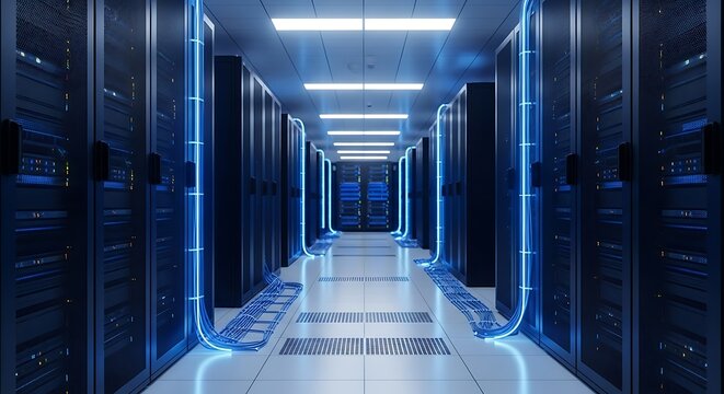Server room in data center with modern equipment and blue lights