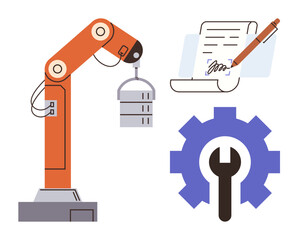 Robotic arm lifting, signed document with pen, gear with wrench representing automation, machinery, productivity, teamwork, technology, industrial processes efficient collaboration. Perfect