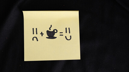 Yellow Sticky Note with Sad Face, Coffee, Happy Face, funny Equation metaphor on Dark Background
