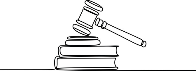Judge Gavel on Law Books One-Line Drawing Vector Illustration.