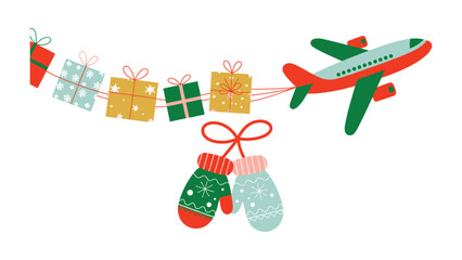 Christmas Journey: A festive illustration of an airplane delivering holiday cheer, adorned with gift boxes and mittens. The image embodies the spirit of travel and celebration.