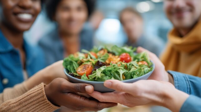 A group of friends joyfully gathers around a table, sharing a colorful salad. Laughter and smiles fill the air as they enjoy a delightful dining experience together