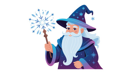 Mystical Wizard Conjuring Magic: A wise old wizard, adorned in a starry cloak and tall hat, channels mystical energy through his wand to conjure an icy snowflake.
