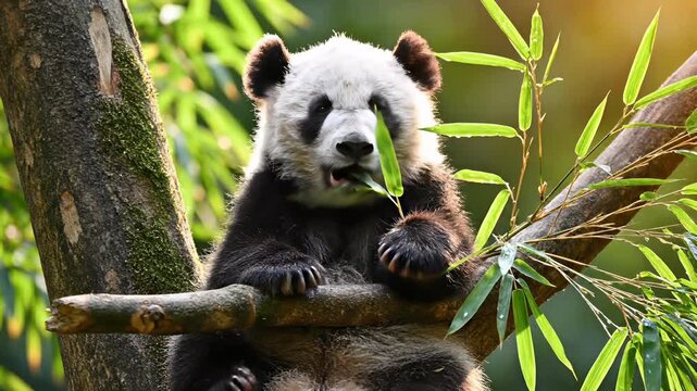A serene giant panda bear sits peacefully in a tree, its mouth open as it savors a snack of fresh bamboo leaves, perfectly capturing the concept of harmony between humans and nature for use in.