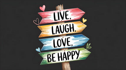 A visually striking design features sleek minimalist typography on a black background with a rustic wooden signpost. Four vividly watercolored arrows display the traits LIVE,LAUGH,LOVE,and BE HAPPY,ea