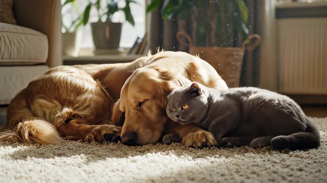 Two dogs, one cat, and warm golden glow form a heartwarming scene of unity and companionship, highlighting interspecies friendships in our lives, perfect for advertisement backgrounds or.