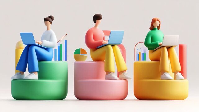 Three stylized figures engaged in productive work, focused on laptops, surrounded by colorful graphs representing data analysis, teamwork, and modern digital collaboration in a vibrant workspace. - Powered by Adobe