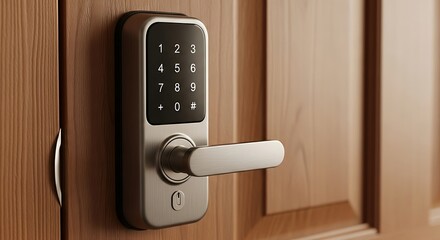 A modern silver digital keypad door lock with a brushed metal handle is installed on a wooden door.