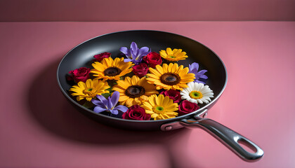 flowers in a pan with magnifying glass on yellow background