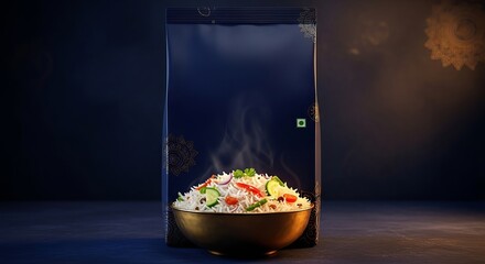 A bag of cooked rice with vegetables on a dark and elegant background