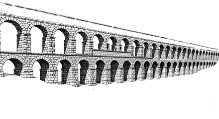 Long ancient aqueduct structure perspective sketch, architectural pencil drawing.