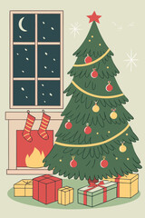 Fototapeta premium Festive Christmas tree with ornaments, gifts and fireplace illustration