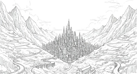Obraz premium Fantasy mountain fortress city surrounded by peaks, pencil concept landscape drawing.