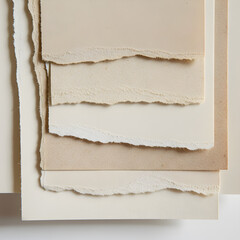 Macro-style close-up of stacked torn papers in layered beige and cream tones. Highlights fine paper fiber texture and rough ripped edges with soft shadows. Conveys a minimalist, vintage aesthetic, per