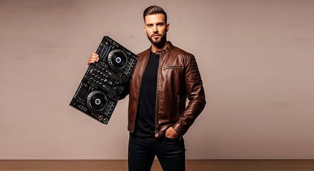 Confident male DJ in leather jacket holding a mixing console, ready to perform.