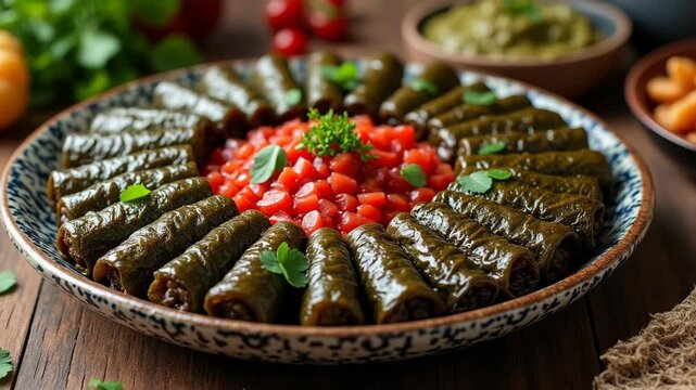 Delicious Grape Leaves Stuffed with Rice and Meat, Served on a Colorful Plate - Food Photography 
