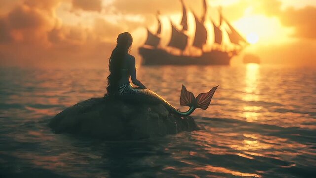 A vivid portrayal of a mermaid sitting on a rock amidst the sea during sunset. The mermaid is silhouetted against a golden sky, with a ship in the background, its sails billowing in the wind.