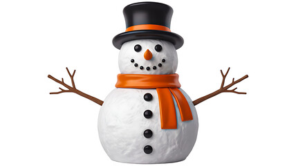 Cheerful three-dimensional snowman wearing a classic black top hat and bright orange scarf, isolated on a white background for christmas, winter, and holiday greetings.
