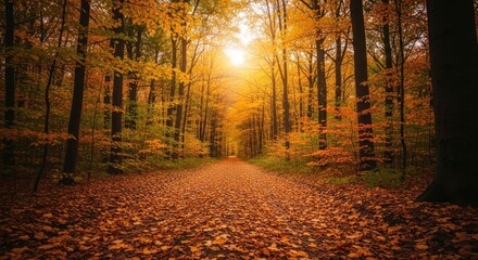 Fototapeta premium Golden Autumn Forest Path Bathed in Vibrant Sunlight