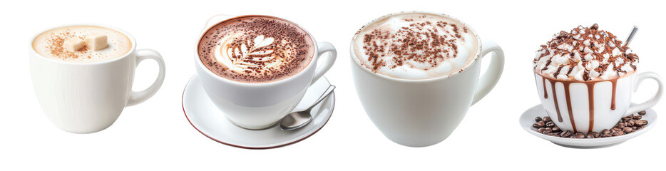 Fototapeta premium Coffee Delights: An array of artfully crafted coffee creations invites the senses. The scene boasts an assortment of coffees, each cup adorned with unique embellishments.