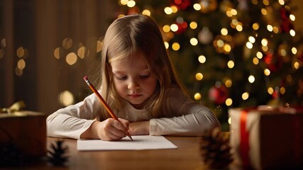 Cute girl writing letter to Santa Claus near Christmas tree. Cozy holiday atmosphere and childhood magic