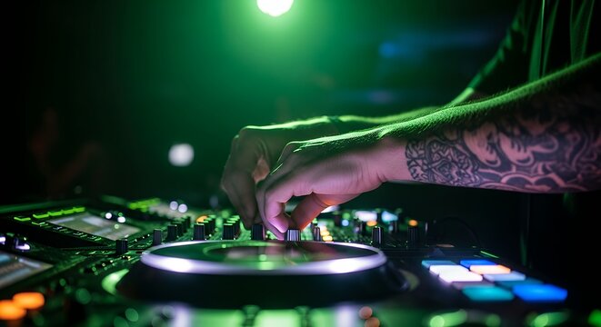 DJs tattooed hands mixing music on a turntable at a vibrant nightclub party.