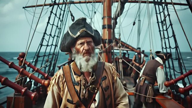 A detailed, realistic portrayal of a pirate on a ships deck, with a focus on the ships rigging and the sea in the background. The pirates attire includes a tricorn hat, a white beard.