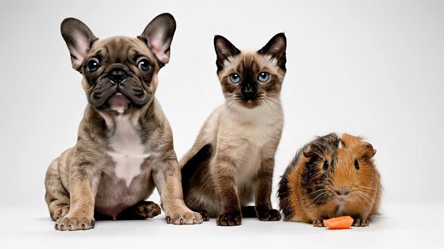 Cute group of small pets, including two pairs of dogs, one guinea pig, and three cats, gather together in perfect harmony, showcasing the joy of companionship, social bonding, and playfulness.