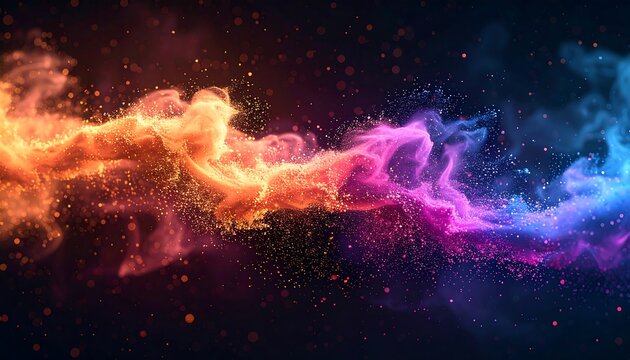 Abstract swirling colors, particle-like, merging in a dark space