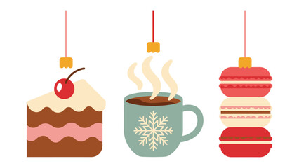 Festive Dessert Trio: This inviting illustration features a slice of cake, a warm cup of coffee, and a tower of macarons, all suspended with a cheerful design.