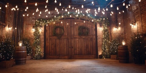 A Charming Rustic Venue Decorated with String Lights and Greenery, Perfect for Celebrations and Gatherings in an Inviting Atmosphere