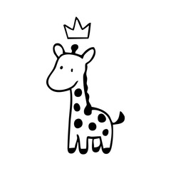 Crowned giraffe doodle, black outline on white backdrop