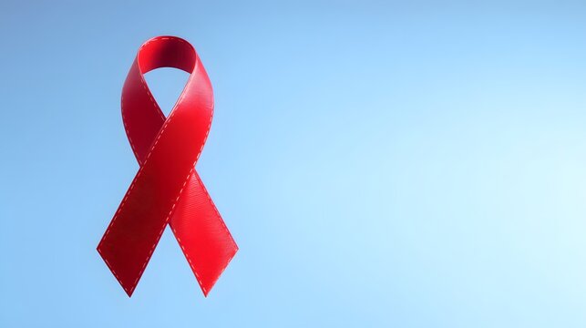 Red Awareness Ribbon on Blue Sky Background Symbol of Hiv Aids Support and Cancer Awareness. Blank Space for Text. World AIDS Day. World Cancer Day
