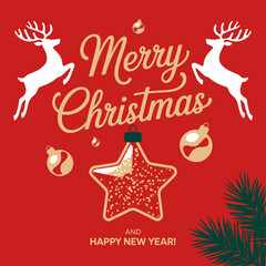 Festive Merry Christmas and Happy New Year Greeting Card with Reindeer and Golden Ornaments on Red Background.