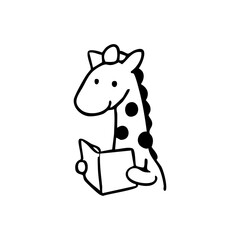 Outlined giraffe reading, black spots, white background