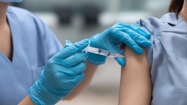 Nurses wearing blue gloves gently administer vaccinations to patients in a modern healthcare facility. The atmosphere is focused and supportive, ensuring patient comfort and safety during the process