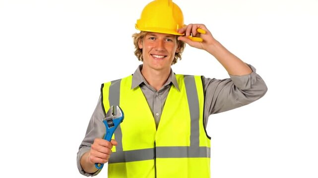 A smiling construction worker in a yellow hardhat and vest holding tools on a white background. Video 4K