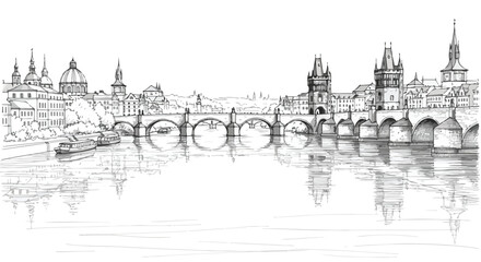 Fototapeta premium Conceptual sketch of futuristic bridge spanning over curved architectural landscape.
