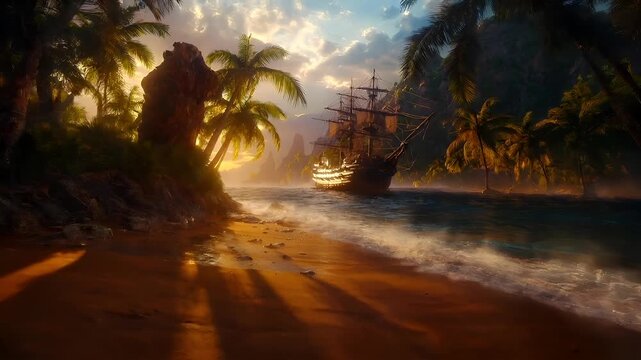 A vivid portrayal of a tropical beach scene during sunset. The main subject is a sailing ship, with its masts and sails illuminated by the setting sun.