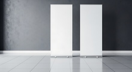 Two roll up banner stands display mockup in spacious modern room