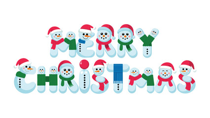Festive Snowman Christmas: Playful snowmen shaped as letters joyfully spell out Merry Christmas, capturing the cheer of the winter holiday season.