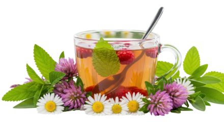 Aromatic Tea Ritual: A glass teacup, holding a warm brew with vibrant red fruits and fresh mint leaves, is elegantly framed by a vibrant array of chamomile and clover blossoms.