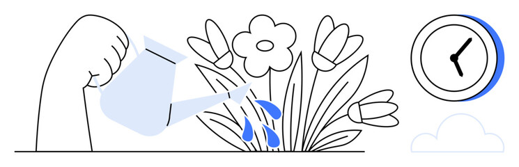 Hand pours water onto blooming flowers with droplets splashing. Clock shows time perspective. Ideal for growth, care, nurturing, patience, productivity, maintenance sustainability. Simple flat