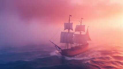 A digital painting of a sailing ship in a misty sea during sunset. The ship is depicted in a side profile, with its sails billowing in the wind, and its hull gleaming with a warm.