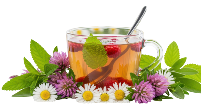 Aromatic Tea Ritual: A glass teacup, holding a warm brew with vibrant red fruits and fresh mint leaves, is elegantly framed by a vibrant array of chamomile and clover blossoms.