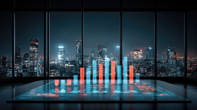 Modern Cityscape Night View With Digital Business Graph Projection