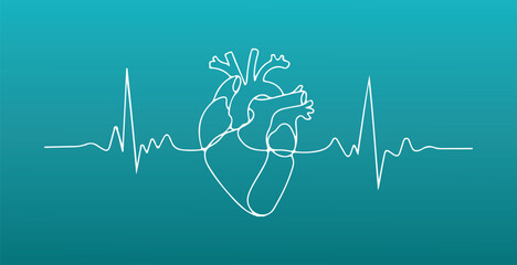 Human Heart Line Art with ECG Wave on Blue Background. Medical Vector Illustration