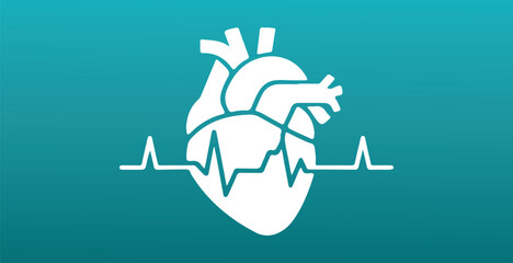 Stylized Human Heart Icon with Heartbeat Line.  Medical and Cardiology Vector Design